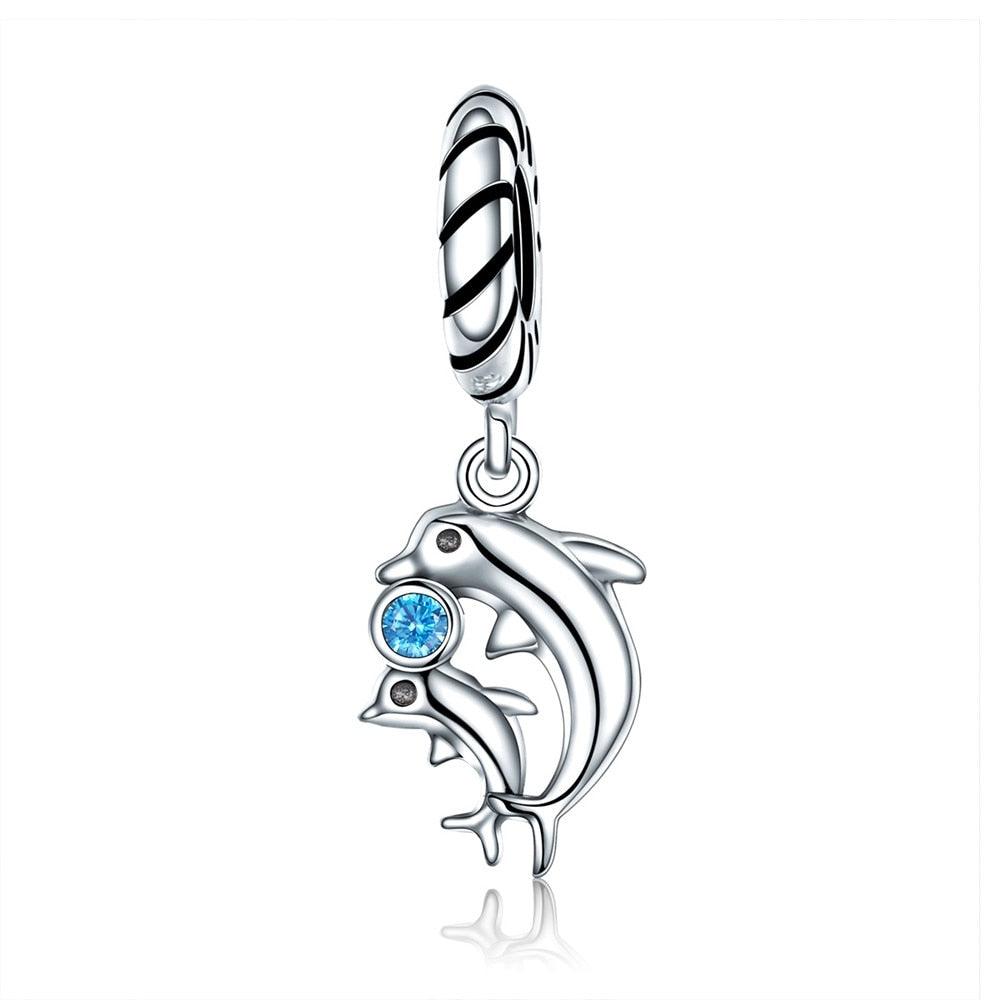 Blue Zirconia Crystal Dolphin Silver Charm - Figueira